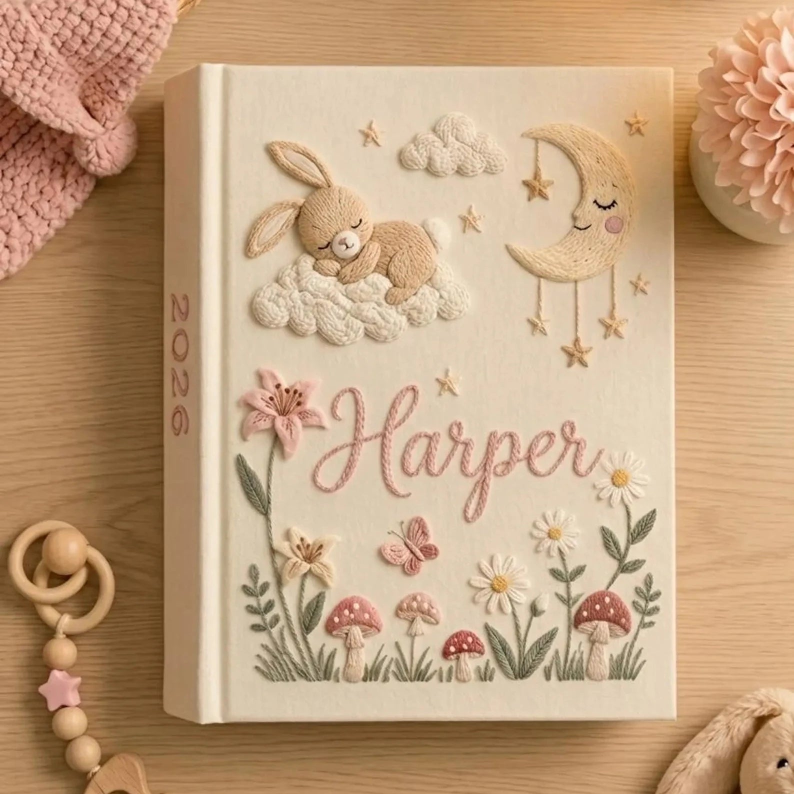 Children's notebook with embroidered design on a wooden surface